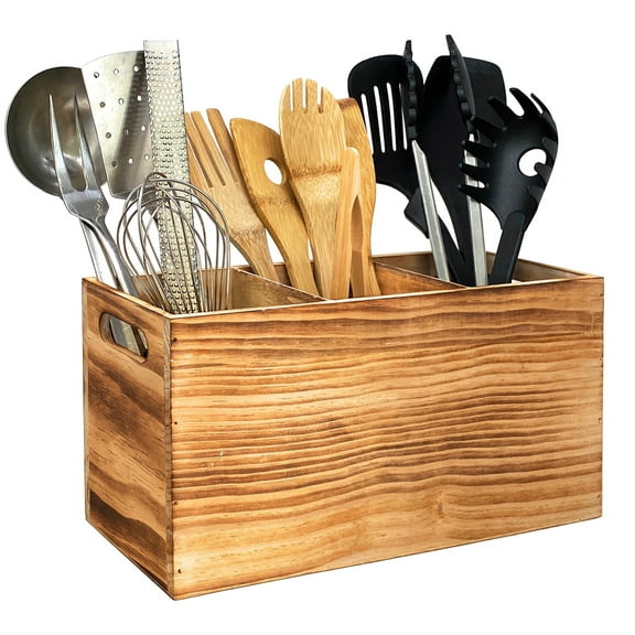 CB Accessories Utensil Holder Crock in Rustic Wood for Cooking Tools Storage (Large)