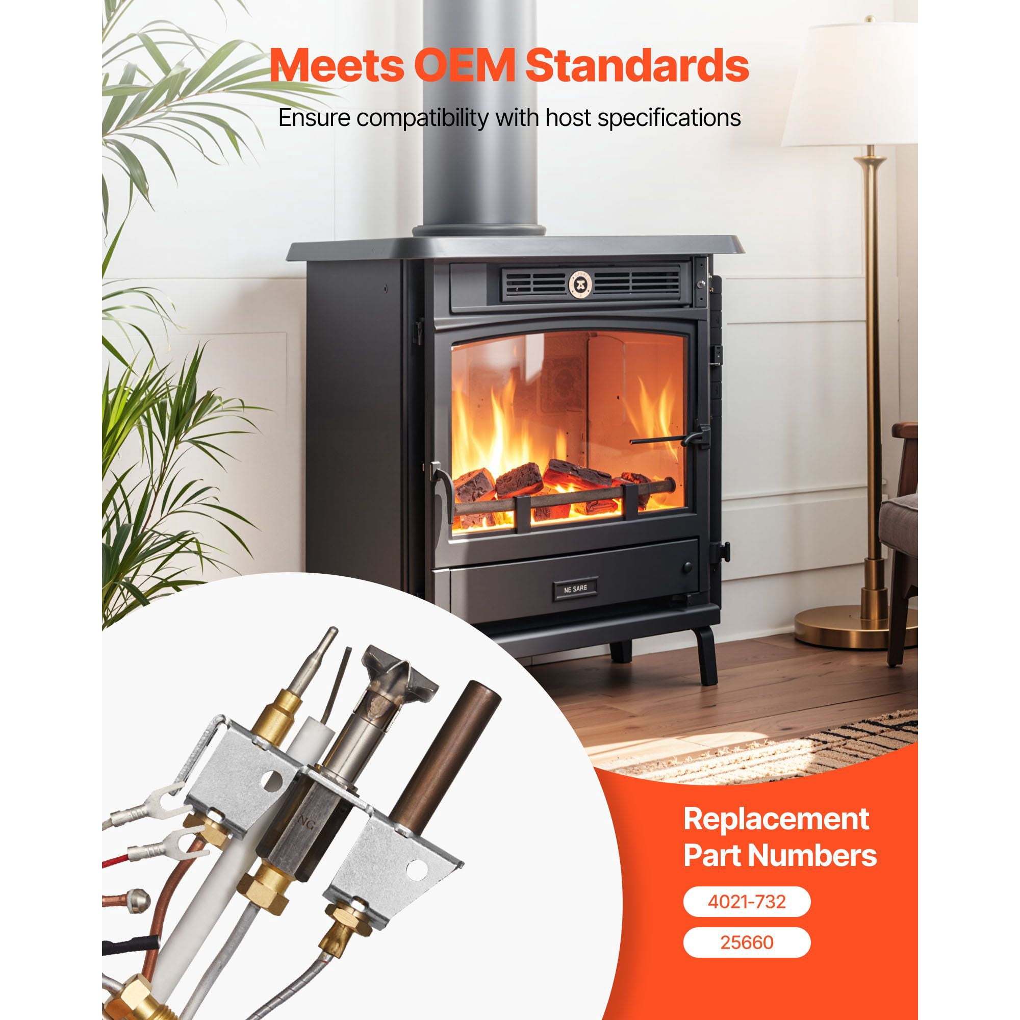 Natural Gas Fireplace Pilot Assembly, Two 24in Parts + 22in Ignitor + 16in Thermocouple, OEM Replacement Flame Monitoring for Gas Fireplace Heater