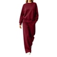 thumbnail image 2 of Costeam Women Crew Neck Long Sleeve Top Wide Leg Pants 2 Piece Outfit Set Soft Stretch Knit Loungewear Tracksuit with Side Pockets Loose Fit Casual Daily Outdoor Bottom Sets, 2 of 6