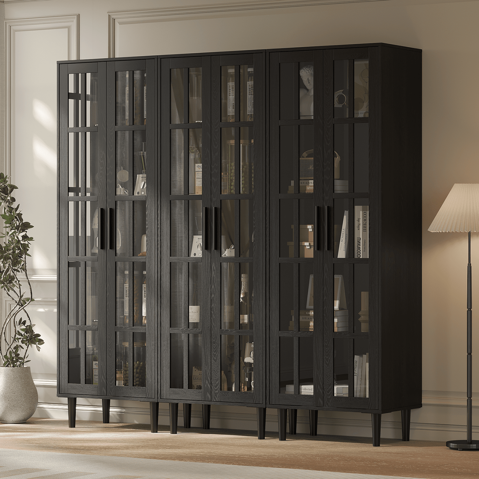 RichYa 3Pcs Bookcases with Doors,5-Tier Bookshelves with Storage Cabinet,Combination Display Cabinets for Home Office,Black(AAA)