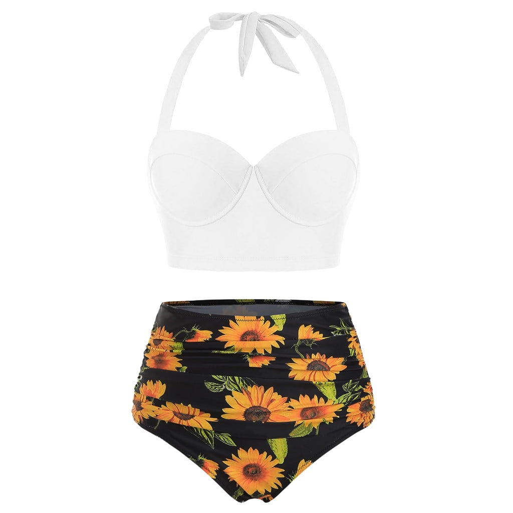 Yliquor Womens Floral Print High Waist Crop Tops+Shorts Two Piece Swimwear Halter Tankini High Waisted Bottom Bikini Set 