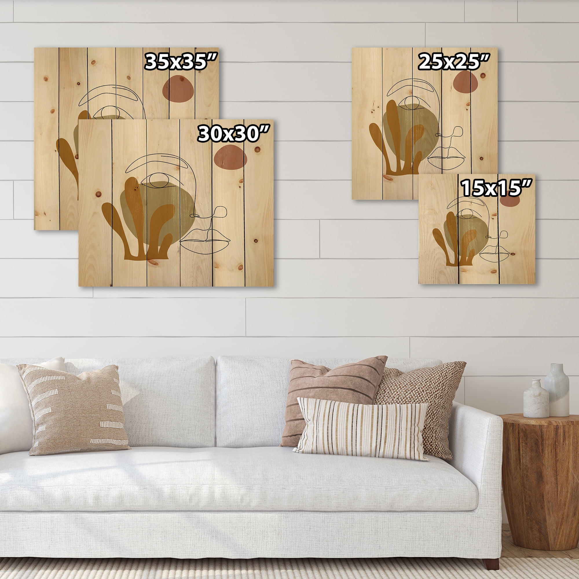Designart 'One Line Art Portrait of Female In Terracotta Tones' Modern Print on Natural Pine Wood