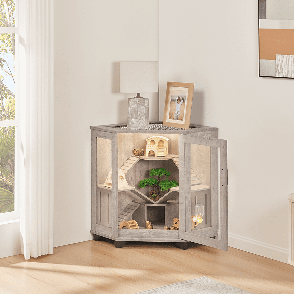 unipaws Chinchillas Cage with Ramp, Rat Cage with House, Critter Nation Cage for Hamster, Mice, Clear Acrylic, Corner Small Animal Cage