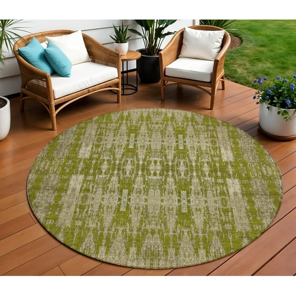 8' Olive Green Taupe And Beige Round Moroccan Washable Indoor Outdoor Area Rug