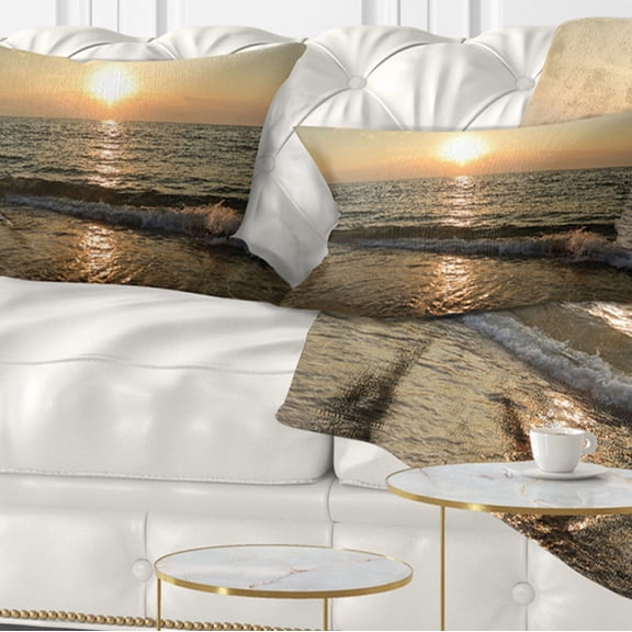 Designart Black Seascape in Morning Sunlight - Beach Photo Throw Pillow - 12x20