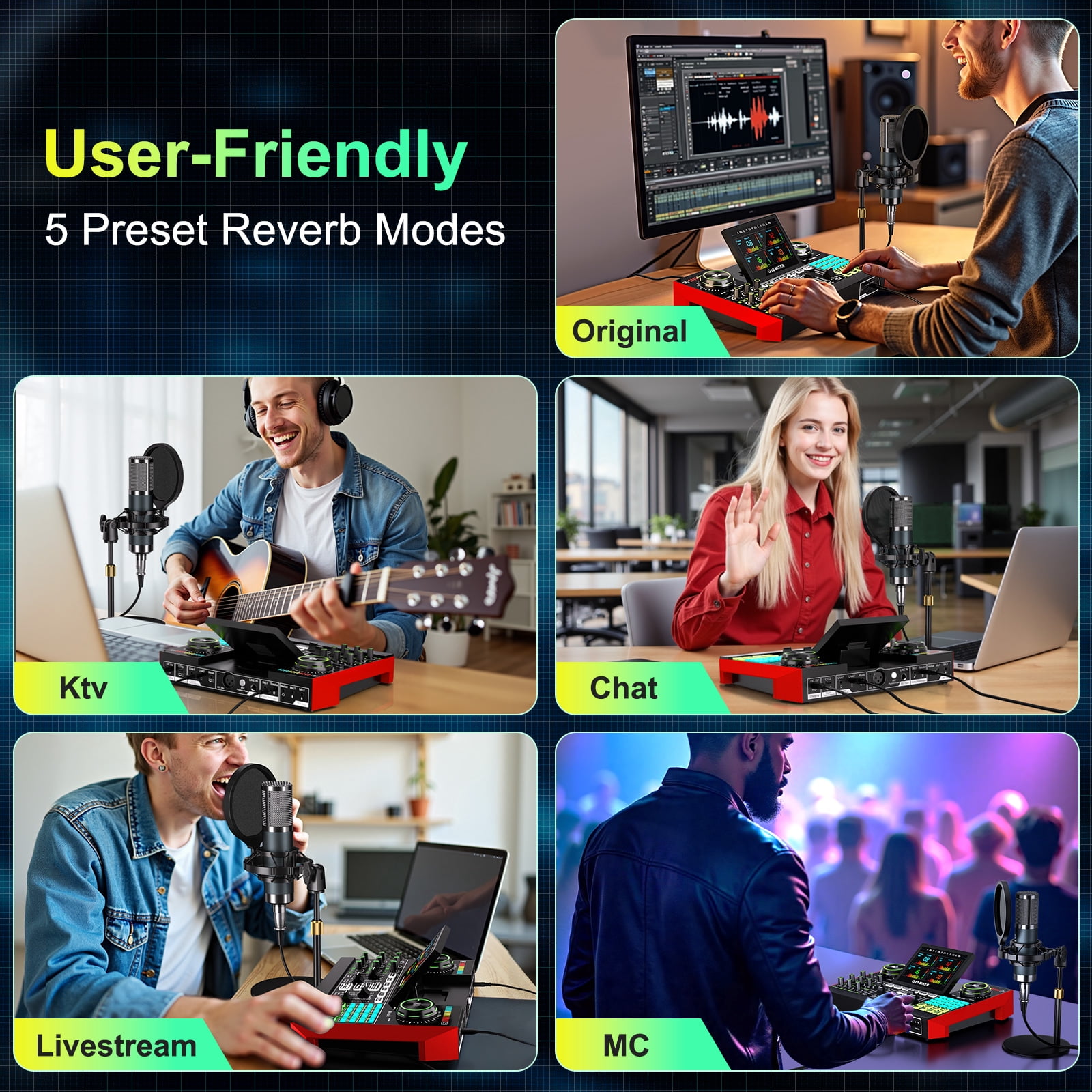 Tenlamp Digital Multifunction Podcast Mixer G10-P15 with Condenser Microphone and Bluetooth 1-Pack
