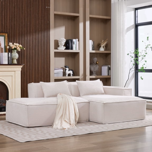 L-Shaped Deep Seat Cloud Boneless Sectional Couch, Upholstered Corduroy Sofa for Living Room & Apartment(White, with Right Armrest)