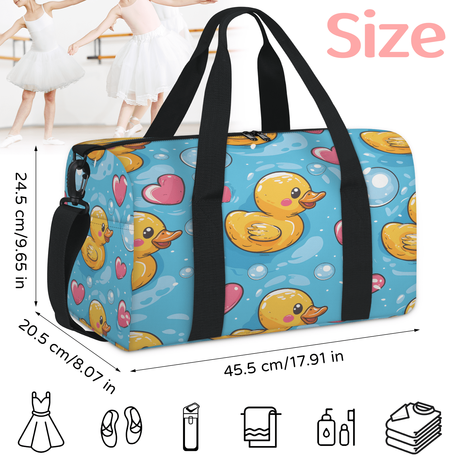 Herdesigns Yellow Duck Gym Bag for Women, Duffle Bag for Travel Sport, Cute Love Lightweight Waterproof Carry on Weekender Dance Yoga Workout Bags