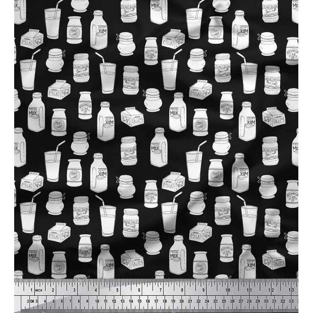 Soimoi Black Poly Georgette Fabric Jar & Bottle Kitchen Decor Fabric Printed Yard 52 Inch Wide
