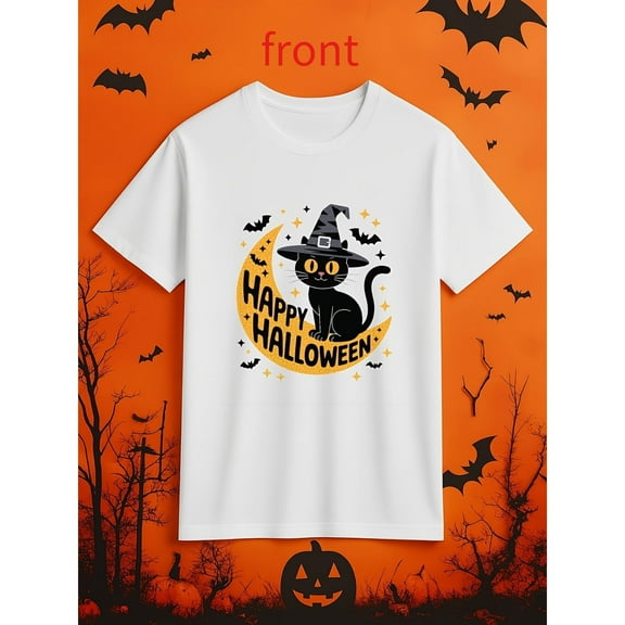 Womens Halloween Cat Tee T Shirt Graphic Tees Tops Cat on Moon Happy Design Short Sleeve Round Neck White S-5XL