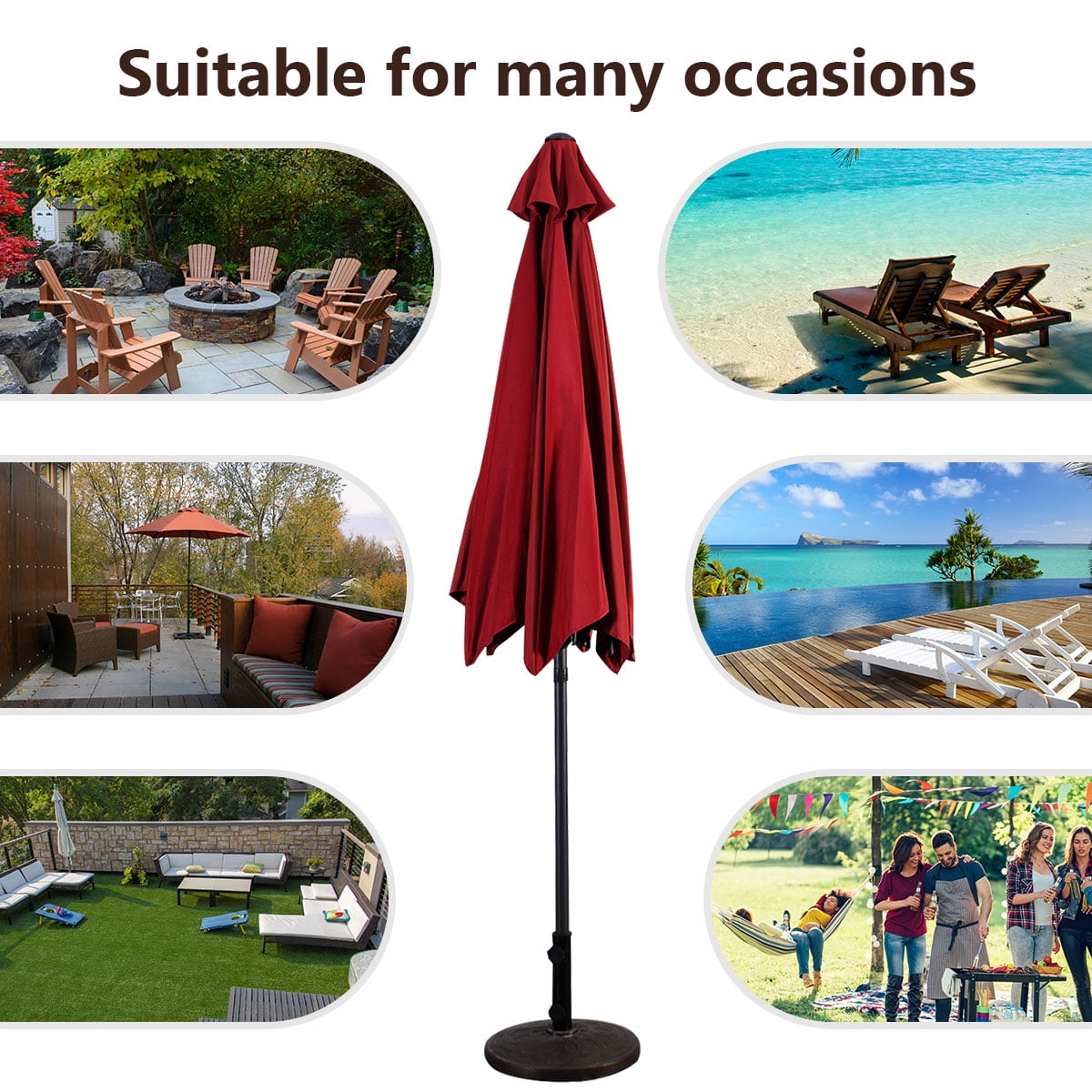 Costway 96" Burgundy Solid Print Hexagon Market Patio Umbrella, UV Protective