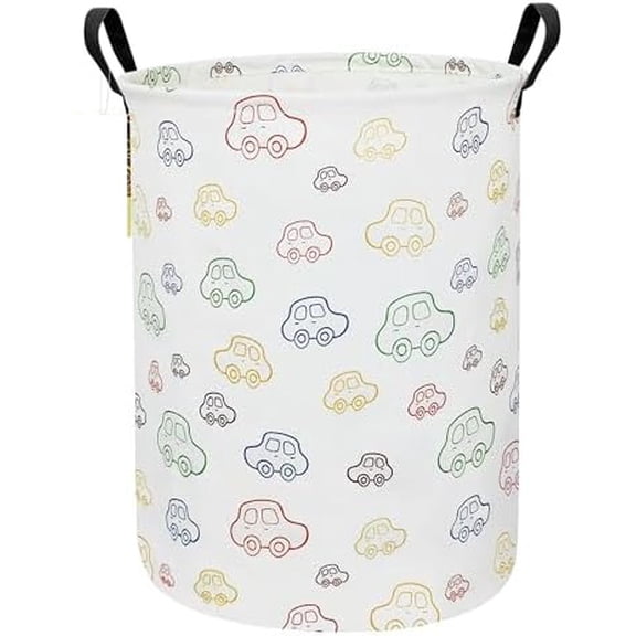 Laundry Hamper,Large Canvas Fabric Lightweight Storage Basket Toy Organizer Dirty Clothes Collapsible Waterproof for College Dorms(Round-Car)