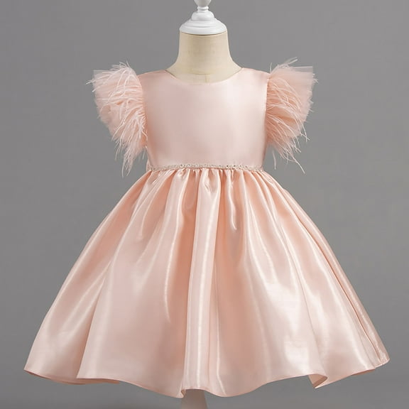 hengsof Solid Color Cap Sleeve Back Zipper Dress for Girls, Princess Style Party Gown for Toddlers, Formal Celebration Outfit