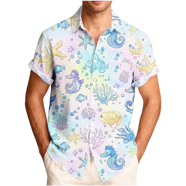 Mens Casual de Manga Corta Botón Abajo Camisas Turndown Cuello Impreso Blusa de Verano Superior, Pantalones para Hombres Cortos
