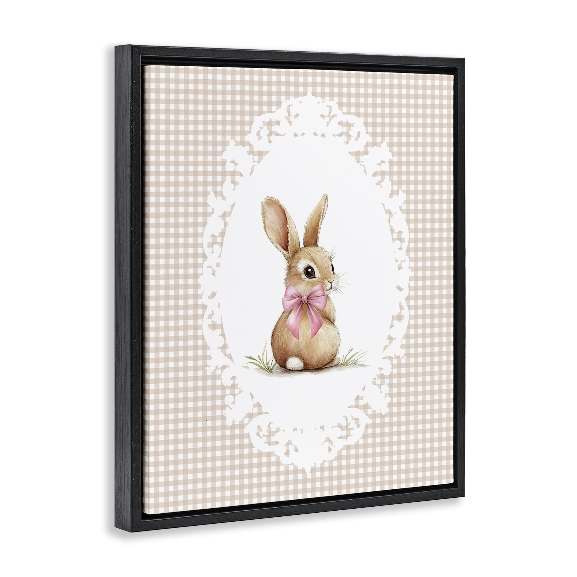 Stupell Industries Vintage Bow & Gingham Bunny Black Framed Floater Canvas Wall Art, design by Christine Simpson Art