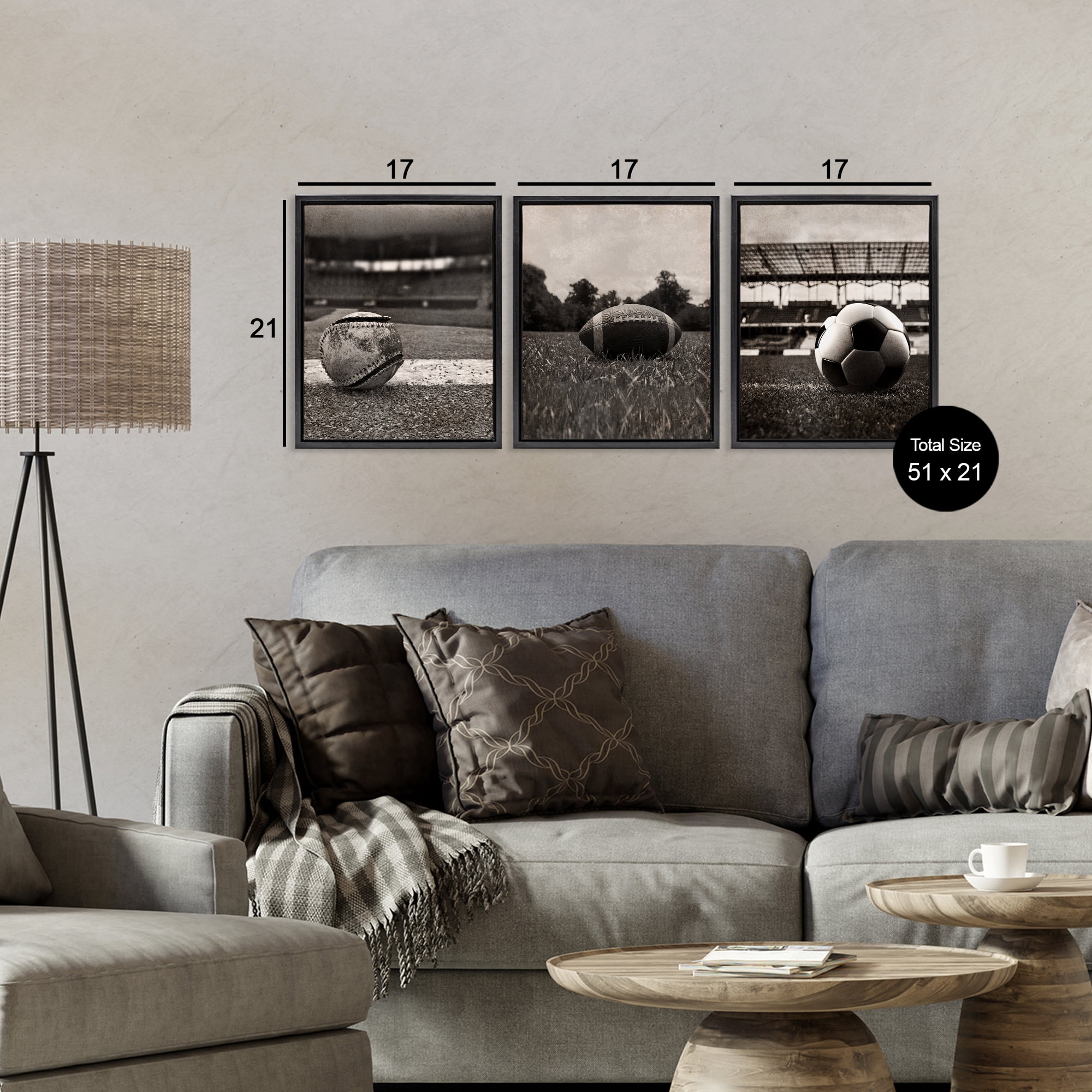 Stupell Industries Vintage Sports on Field 3 Piece Black Framed Floater Canvas Set, design by Marcus Prime
