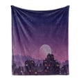 thumbnail image 1 of Cityscape Soft Flannel Fleece Throw Blanket, Old City Illustration Houses Buildings Full Moon Starry Night Sky Silhouette, Cozy Plush for Indoor and Outdoor Use, 70" x 90", Purple Navy, by Ambesonne, 1 of 6
