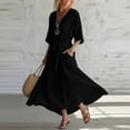 thumbnail image 2 of Lmueinov Women's 100% Polyester V Neck 3/4 Sleeve Maxi Dress, Adjustable Tie Waist Flowy A-Line Long Dress with Pockets for Beach Vacation Casual Wear S-3XL, 2 of 5