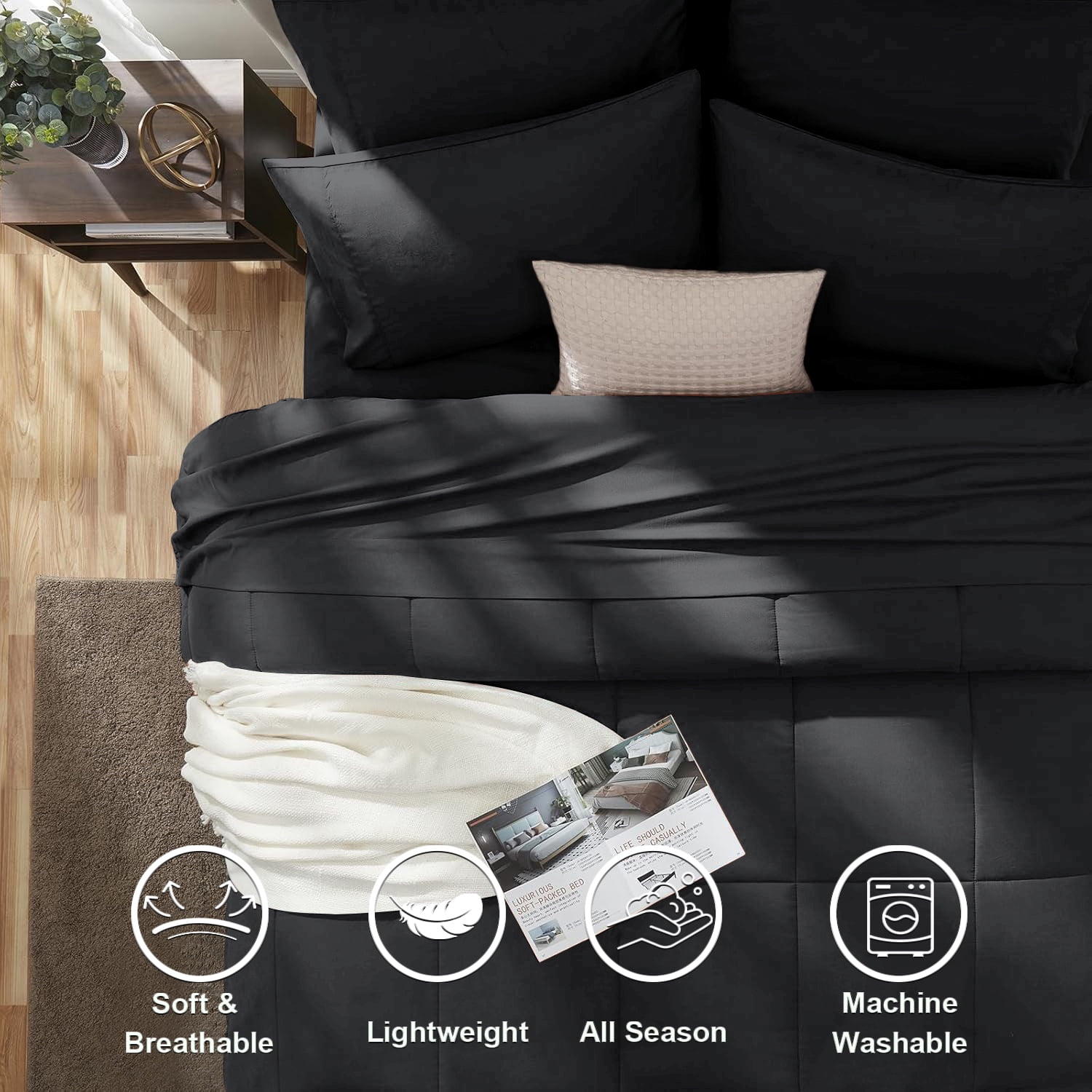Flymme King Size Comforter Set Black, 7 Pieces King Bed in a Bag, All Season Bedding Sets with 1 Comforter, 1 Flat Sheet, 1 Fitted Sheet, 2 Pillowcase and 2 Pillow Sham