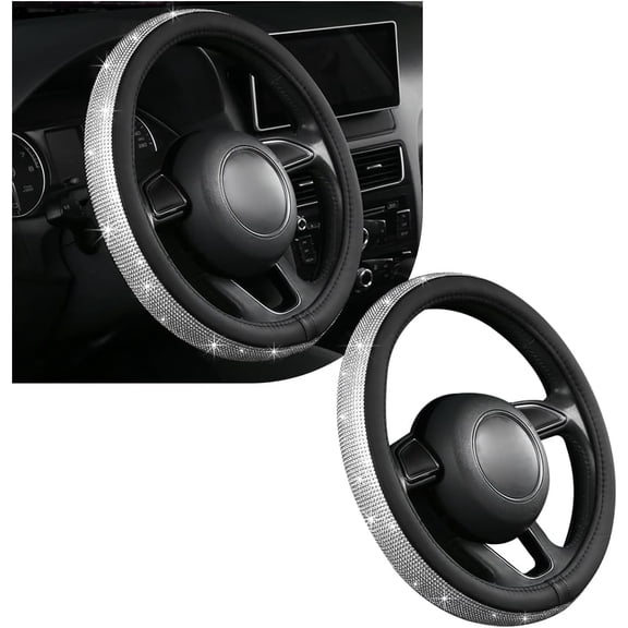 Bling Car Steering Wheel Cover for Women, Sparkling Crystal Rhinestone Auto Wheel Protector, Anti Slip Cover Fit 15 Inch Steering Wheel, Universal Car Accessories, White