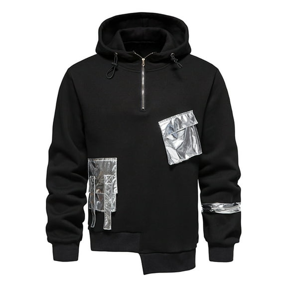 Fesfesfes Hoodie Tops for Men Men Casual Patchwork Pullover Metal Style Pocket Dark Tie Half-Zip Long Sleeve Irregular Hem Hooded Sweatshirt Blouse Sale Items