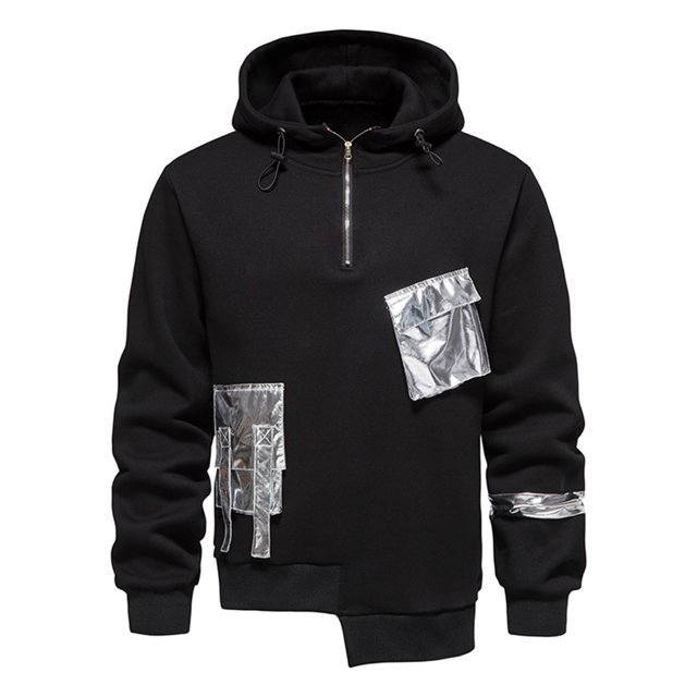 Sweat à Capuche Hommes Mode Décontractée Patchwork Pull Style Métal Poche Foncé Demi-Zip Manches Longues Ourlet Irrégulier Sweat à Capuche Blouse