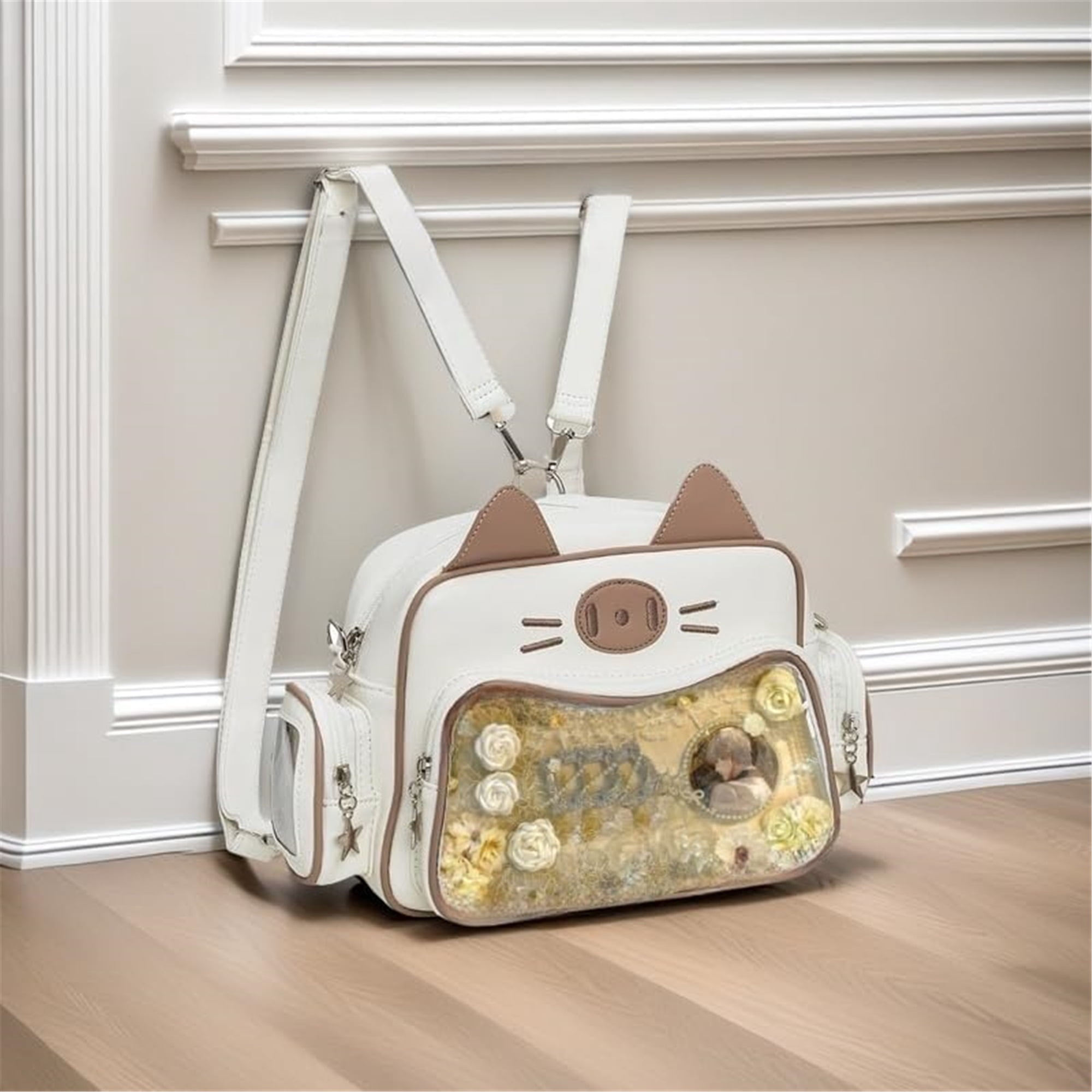 SQDWYGUO Kawaii Ita Bag Backpack with Insert Cute Cat Crossbody Shoulder Bag Big Capacity Japanese Pin Display Bag,White,outdoor