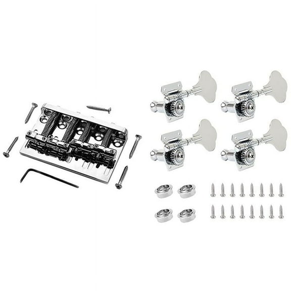 4Pcs Guitar Tuning Pegs Electric Bass Tuner Peg with 4 String Hardtail Bass Guitar Bridge Chrome