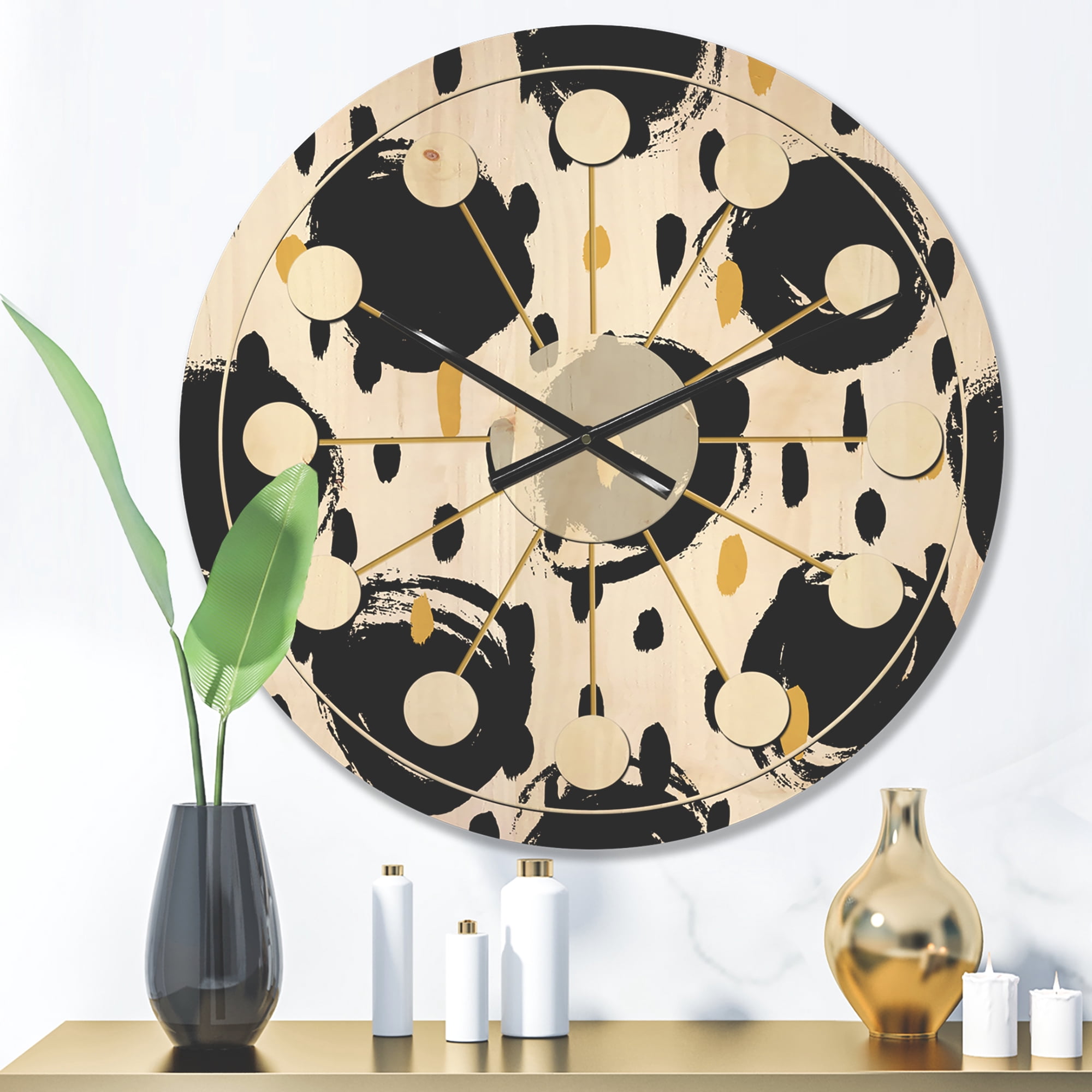 Designart 'Black and White Geometric Pattern V' Mid-Century Modern Wood Wall Clock