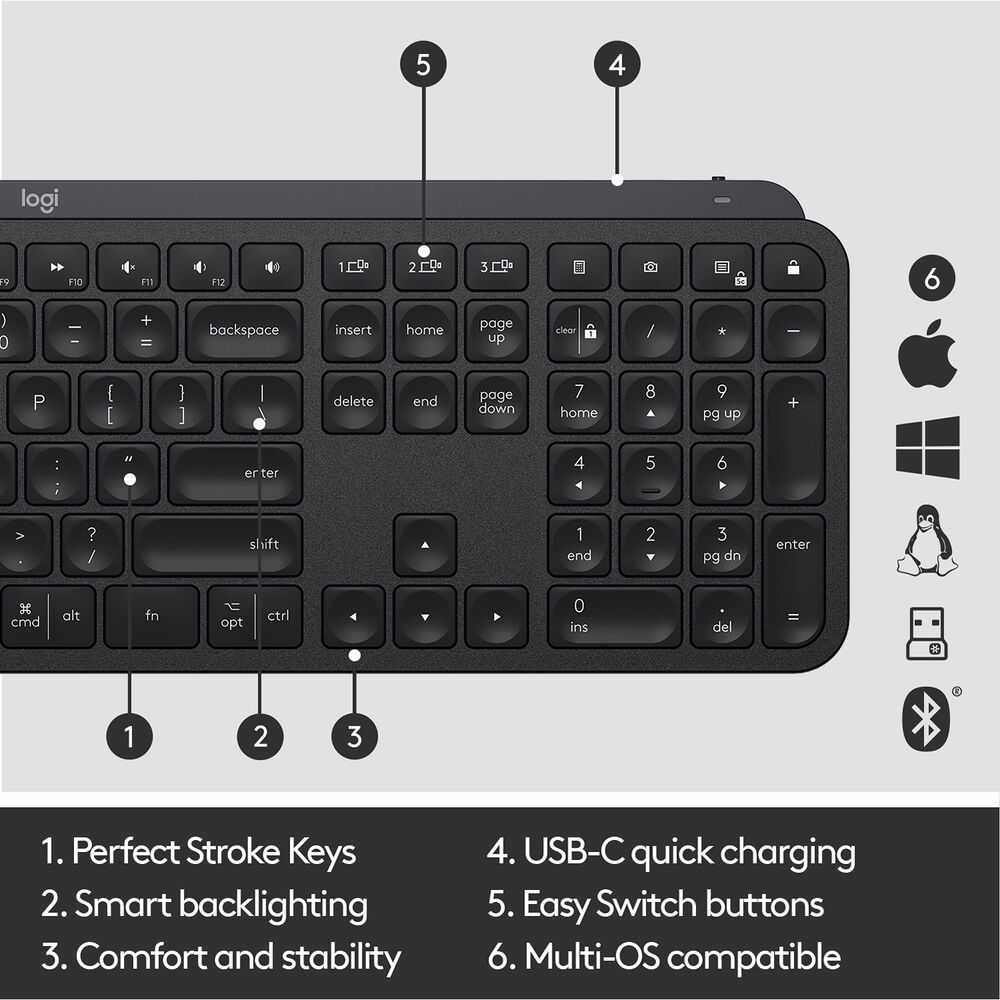 Logitech MX Keys Advanced Wireless Illuminated Keyboard, Tactile Responsive Typing, Backlighting, Bluetooth, USB-C, Apple macOS, Microsoft Windows, Linux, iOS, Android, Metal Build, Black - image 2 of 5