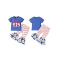 thumbnail image 2 of Suealasg Toddler Girls Summer Outfits 1T 2T 3T 4T 5T Short Sleeve Baseball Letter Print T-Shirt +Elastic Striped Flare Pants Little Girls 2Pcs Sport Style Clothes, 2 of 9
