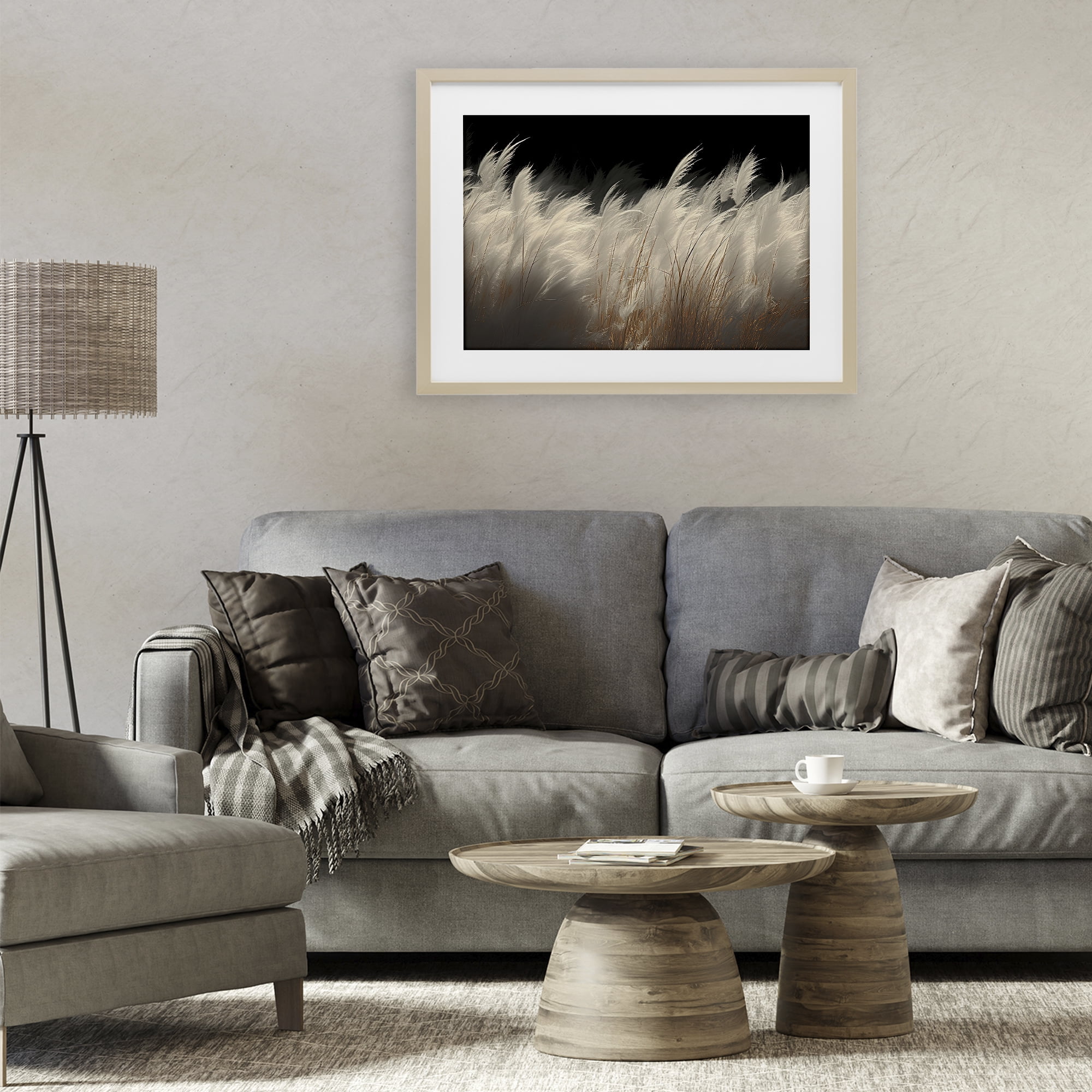White Feathers Windblown Grasses Birch Framed Print Under Glass, design by Decent Exposures