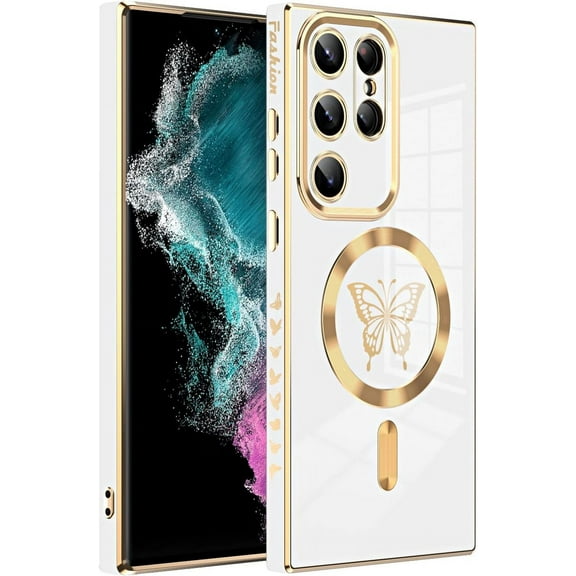 Butterfly Plating Bright Color  [Compatible with MagSafe Wireless Charging] TPU Case Compatible with Samsung Galaxy Case (Galaxy S22,White)