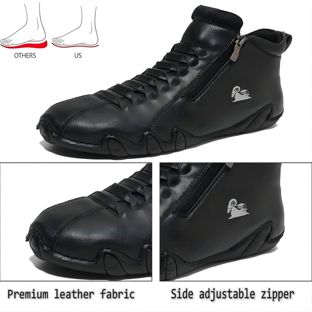 Men's Casual Loafers Leather Hand-stitched Lightweight Non-Slip Breathable Hiking Outdoor Soft Flat Boots Mid-Top Shoes Black 5 US