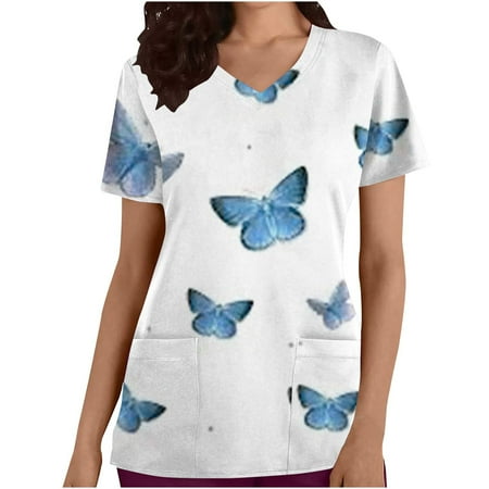 

Womens Short Sleeve Tops Valentine s Day V Neck Love Heart Graphic Nurse Uniform Tee Sweet Stretch Pockets Scrub Tops