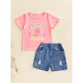 thumbnail image 2 of Franhais Kids Girl Short Sleeve Tops + Denim Shorts, Rainbow Letter Print Round Neck Casual Style Summer Clothing, 2 of 9