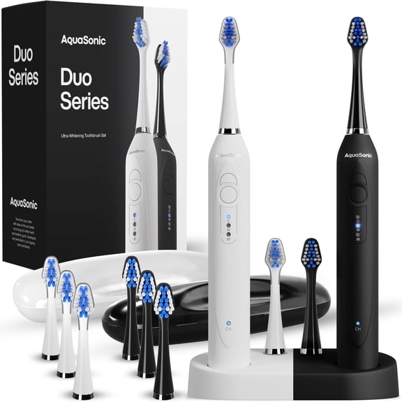 AquaSonic Duo Electric Toothbrush Set – Dual Handles, 40,000 VPM, Wireless Charging, 3 Modes, 10 DuPont Brush Heads & 2 Travel Cases
