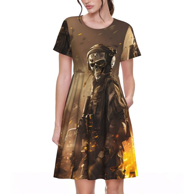 Disketp Apocalyptic Skull Soldier para Vestido de Manga Corta para Mujeres, Vestidos de Verano para Mujeres, Casual y Holgado para la Playa