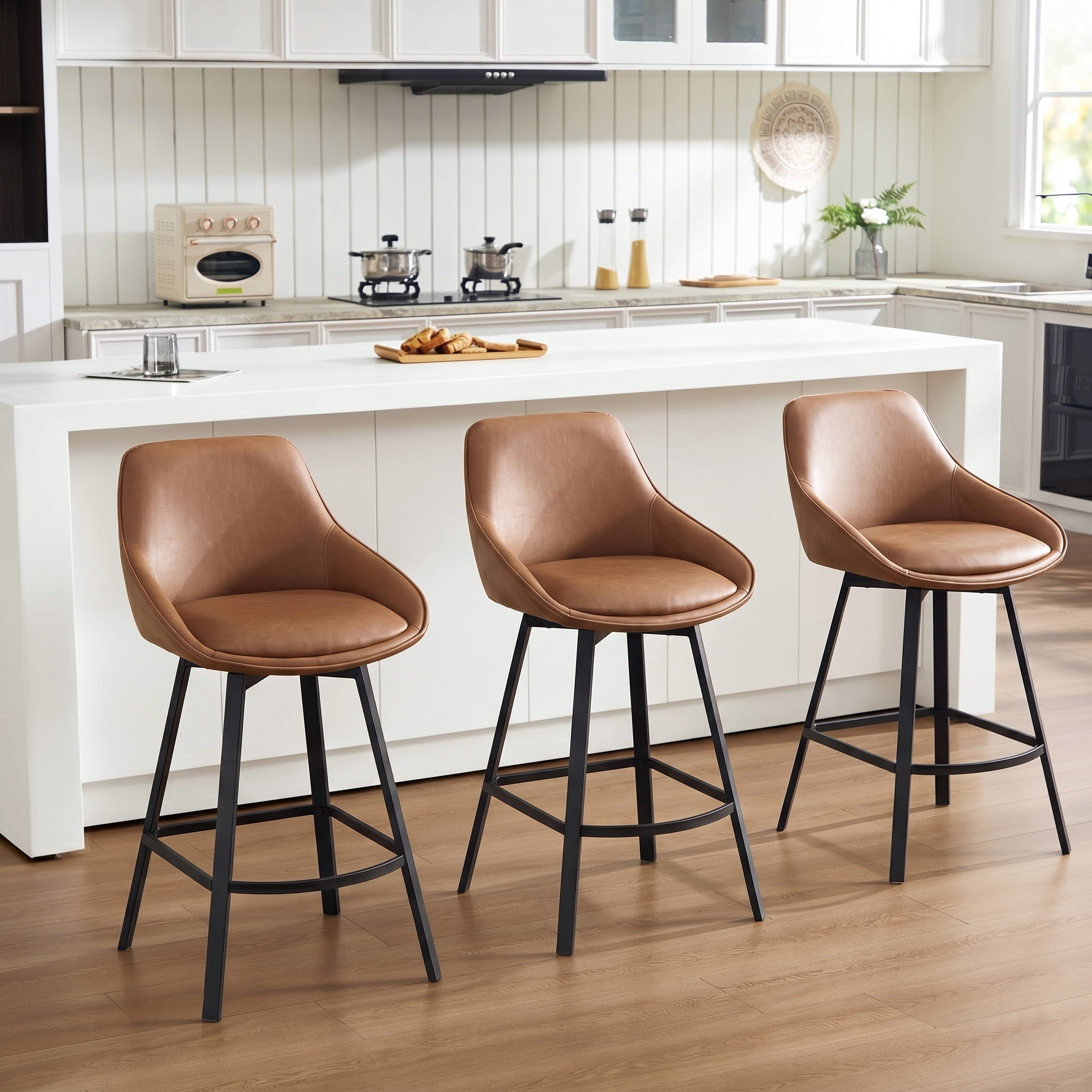 Zesthouse Swivel Bar Stools Set of 3, 25.6″Faux Leather Counter Height Barstool with Backs, Upholstered Counter Stools, Modern Kitchen Chairs with Metal Legs, Brown