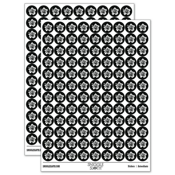 Pretty Hibiscus Flower Tropical 200  Round Stickers - Black - Gloss Finish - 0.50" Size