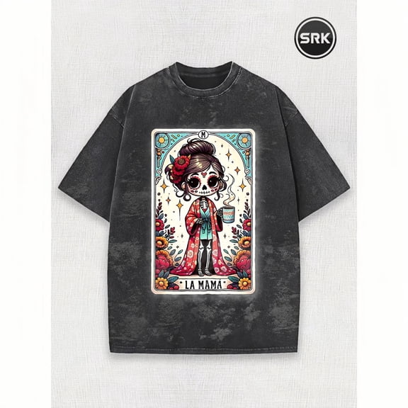 Washed La Mama Sugar Skull Tarot Card Art Vintage Oversized Grunge Y2K Short Sleeve Crewneck Cotton Unisex Men's Women's Tee Shirt
