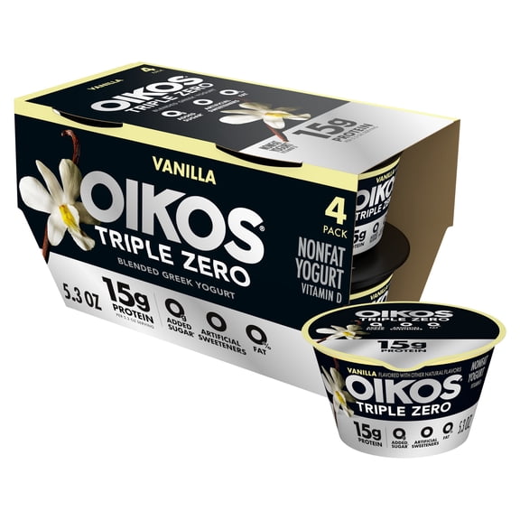 Oikos Triple Zero 15g Protein Vanilla Greek Yogurt, 90 Calories, 0g Added Sugar and 0 Artificial Sweeteners, Nonfat Yogurt Pack, Great for Office Snacks, 5.3 oz Cups, 4 Count