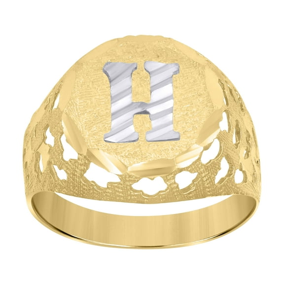 10kt 10k Two-Tone Gold Mens Diamond-Cut Textured Initial Letter H Band Ring