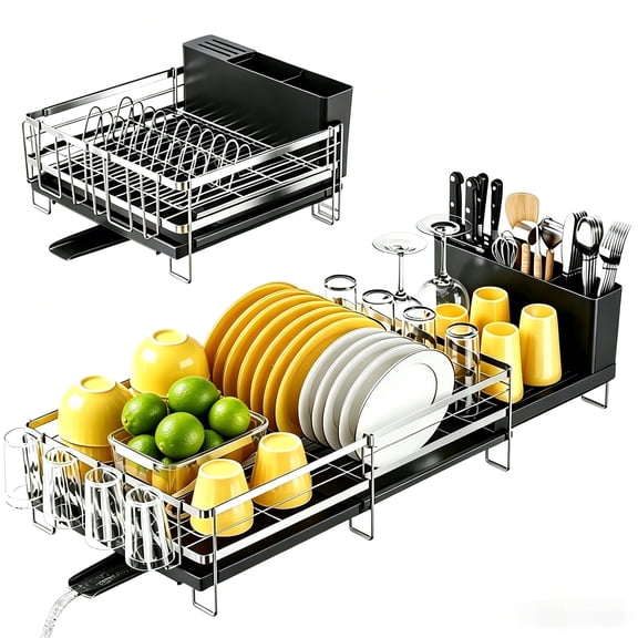 Delamu Extendable Dish Dryng Rack, Kitchen Drainer Set with Utensil & Cup Holders, Adjustable Dish Rack for 13.4" to 29"