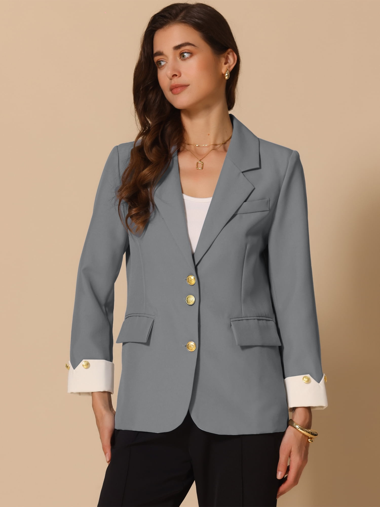DARING DIVA Women's Notched Lapel Long Sleeve Jacket Suit Blazer S Grey