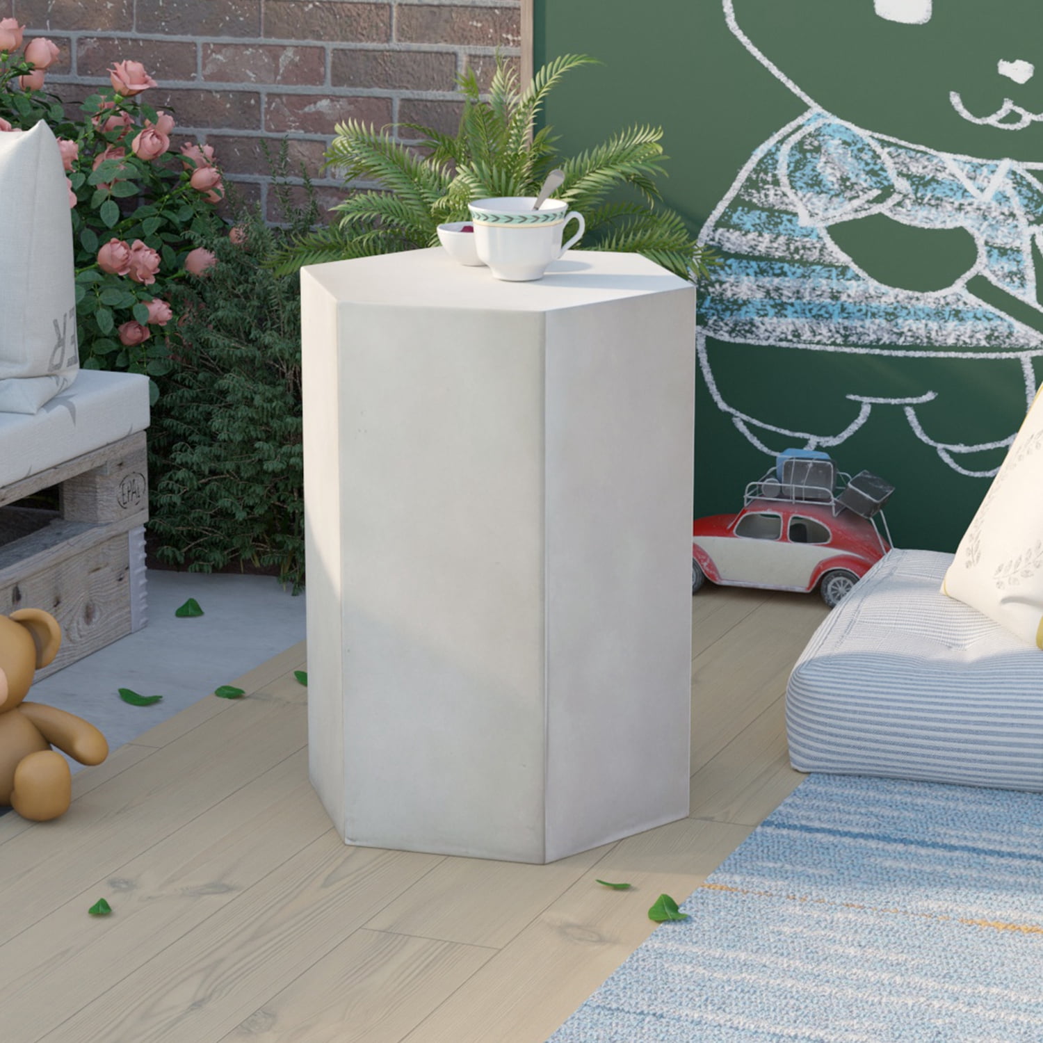 COSIEST Concrete Accent Table, Hexagon Patio Side Table 14.5''Wx20''H, Modular Design Indoor Outdoor End Table, Light Grey