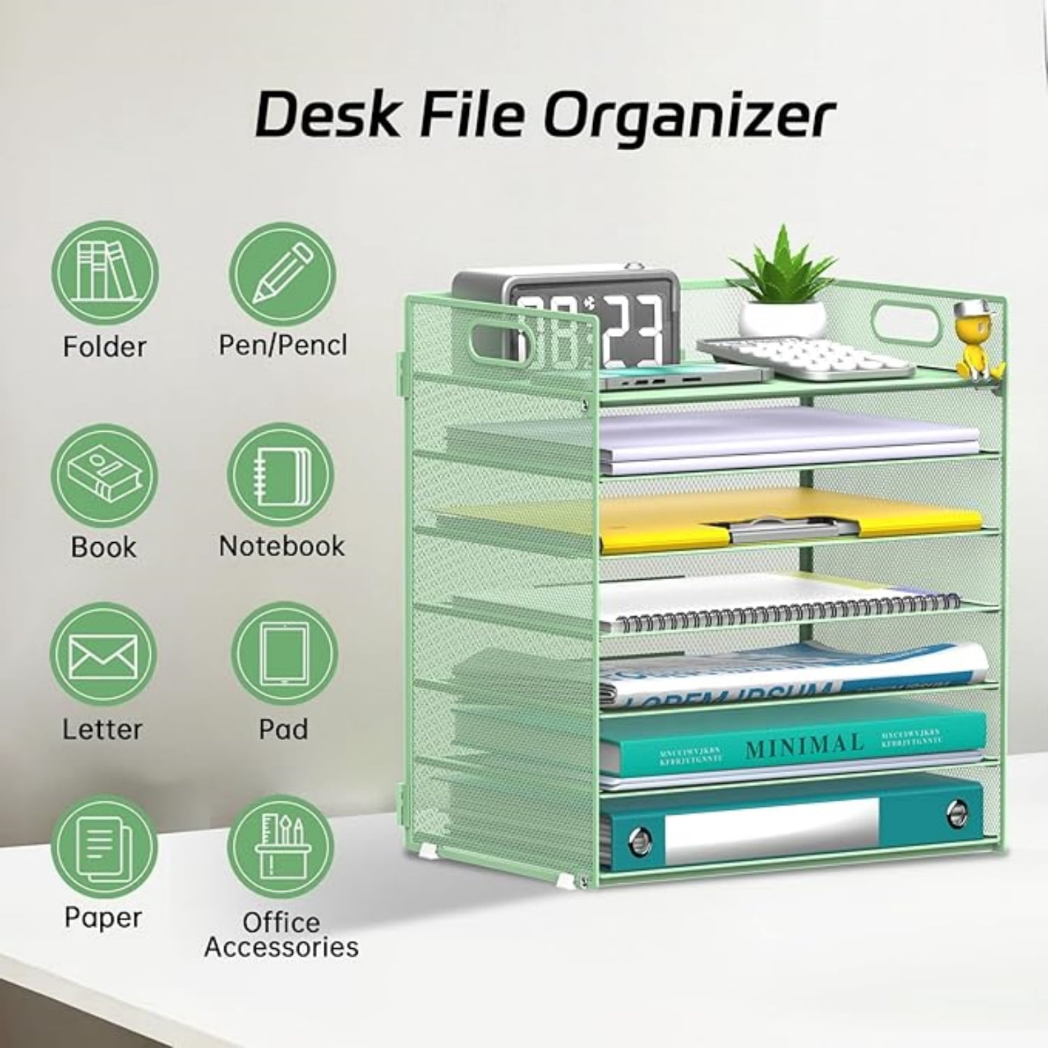 INTIGE 7 Tier Paper Organizer, Mesh Desktop File Holder with Handles for Office