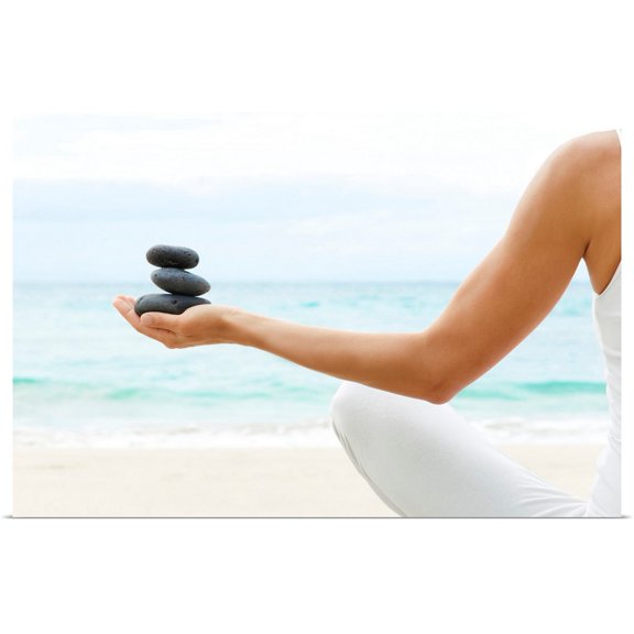 Great BIG Canvas | Rolled M Swiet Productions Poster Print entitled Hawaii, Woman Holding Stack Of Stones In Hands
