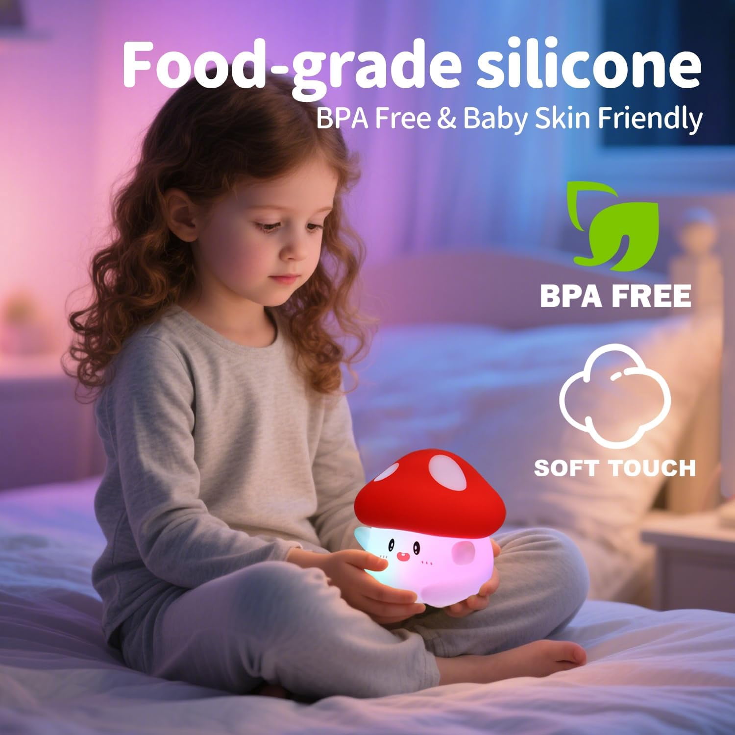 Mushroom Night Light, Color Changing & 50-Hour Battery, Squishy Lamp with Pat Control for Kids Room Decor, USB Rechargeable, Easter Gifts