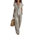 thumbnail image 3 of VBVC Women's Wrap Tie 2 Piece Work Set,Short Sleeve Top and Wide Leg Pants For Women, Ladies' Breathable Summer Loungewear With Pockets,Gray,S-3XL, 3 of 8